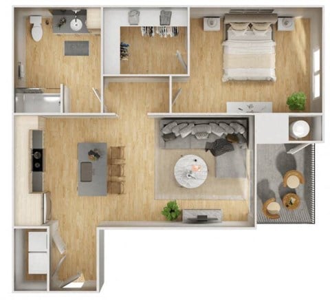 Floor plan for 1 bed, 1 bath, 864 sqft
